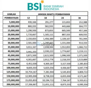 10 Tabel Pinjaman Bank BSI 2024 (Plafond, Tenor, Bunga & Biaya)